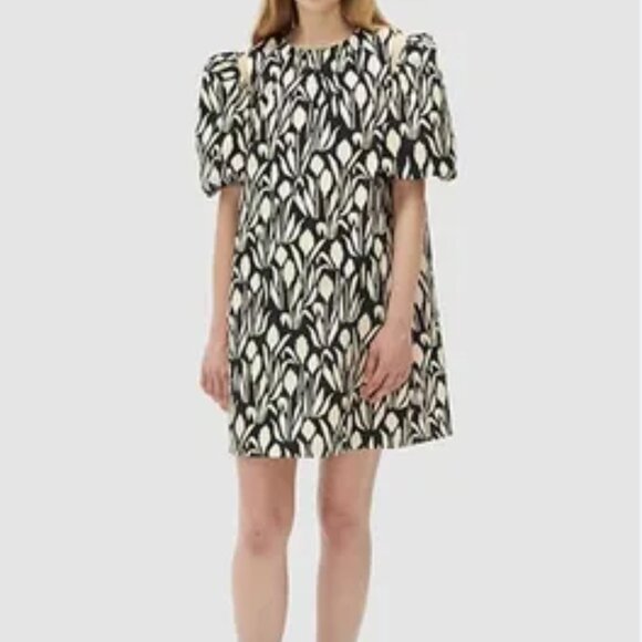 Short Sentence Puffy Sleeve Cutout Relaxed Fit Cotton Mini Dress Pockets Floral - Picture 2 of 11